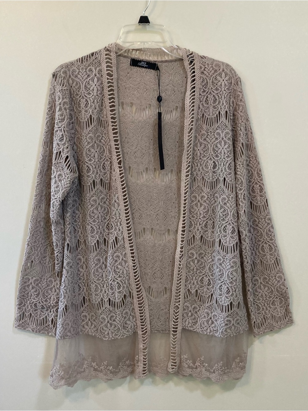 BKE Boutique Buckle Open Front Kimono Cardigan Sz M Long Sleeve Taupe Lace